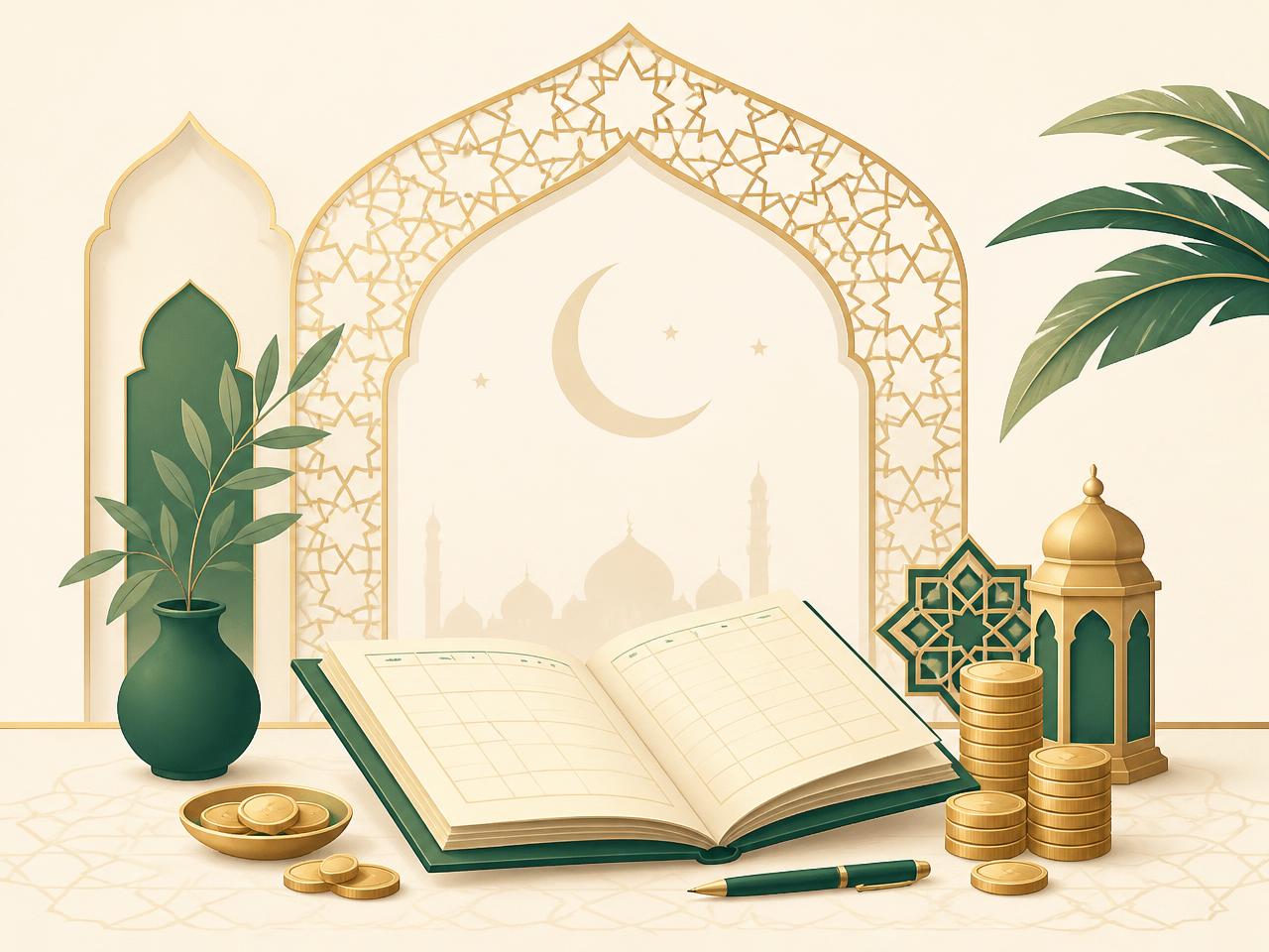 Illustration d'un registre de Zakat avec pièces d'or et arche géométrique